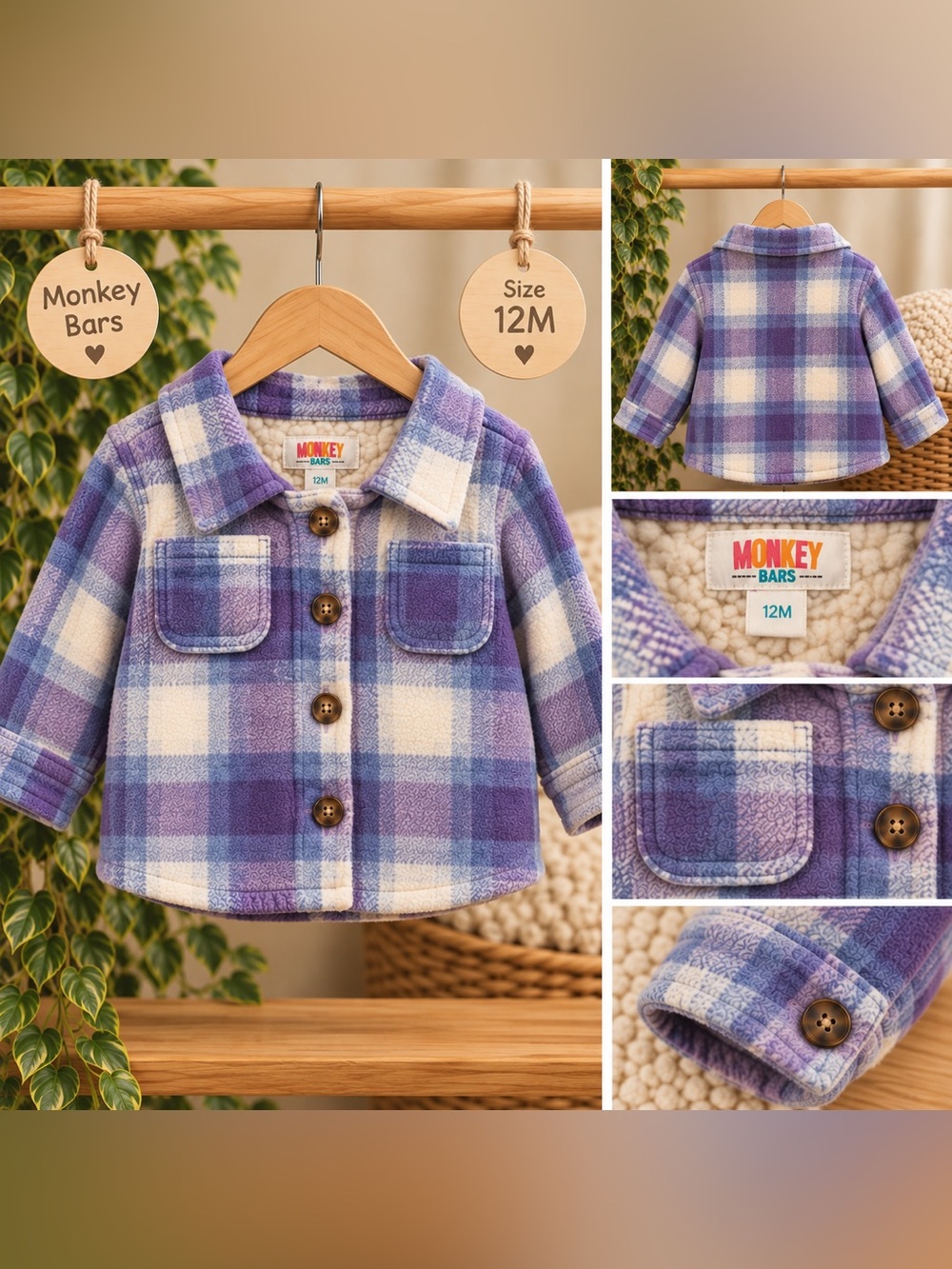 Monkey Bars Baby 12M Purple Plaid Sherpa Fleece Shacket